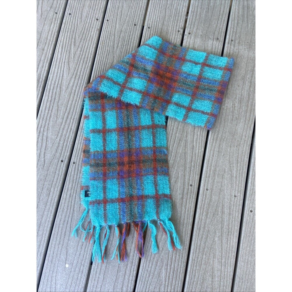Vintage John Hanly Ireland Mohair Wool Scarf Plaid Teal Purple Fringe 72" Unisex